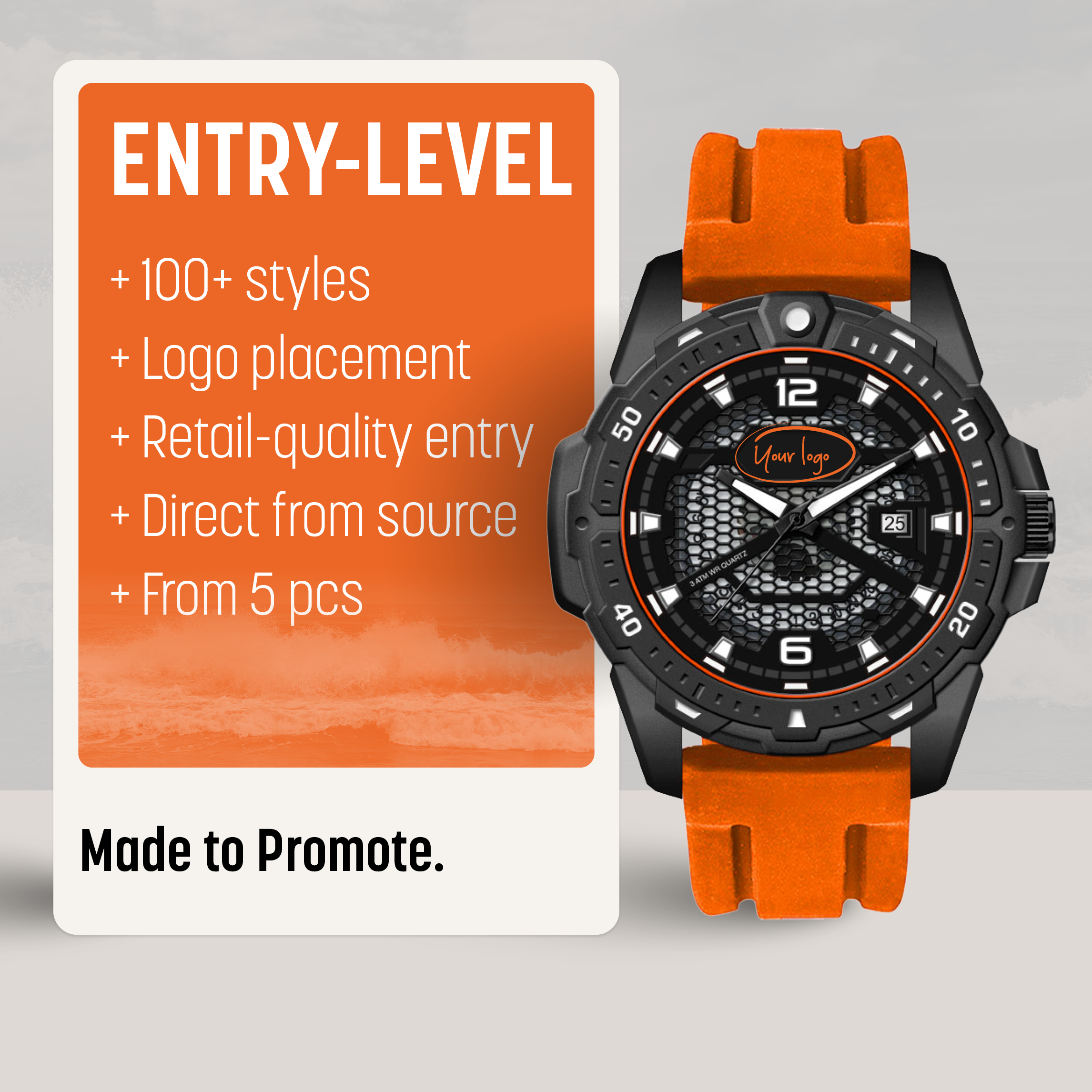 Promotional custom logo watches for businesses by Watch Branding, featuring bold entry-level designs with clear logo placement on the dial.